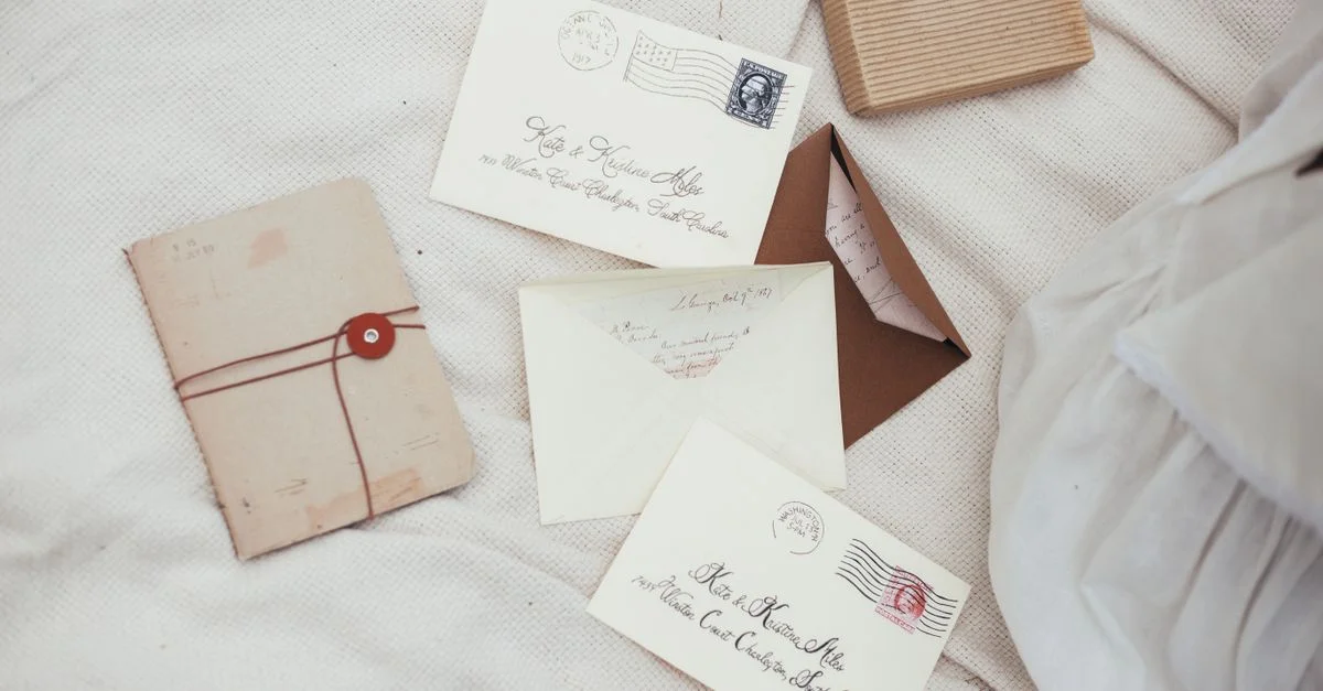 Disposición de postales vintage y sobres con sellos retro sobre una tela texturizada.