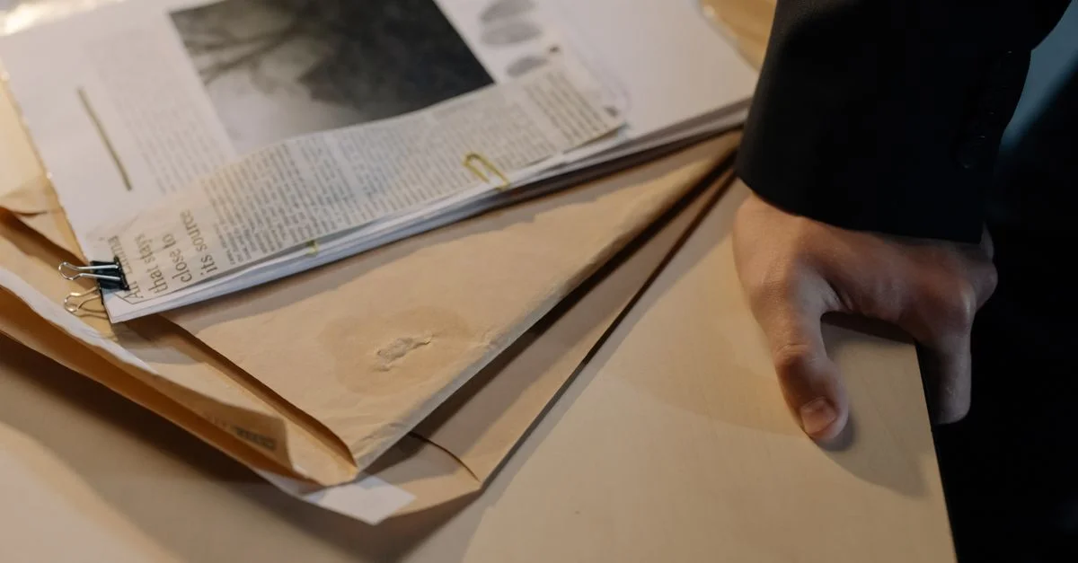 Primer plano de una mano descansando sobre un escritorio cerca de una pila de documentos de investigación y recortes de periódico.