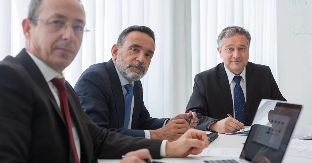 Ejecutivos senior en trajes realizando una reunión en un entorno de oficina.